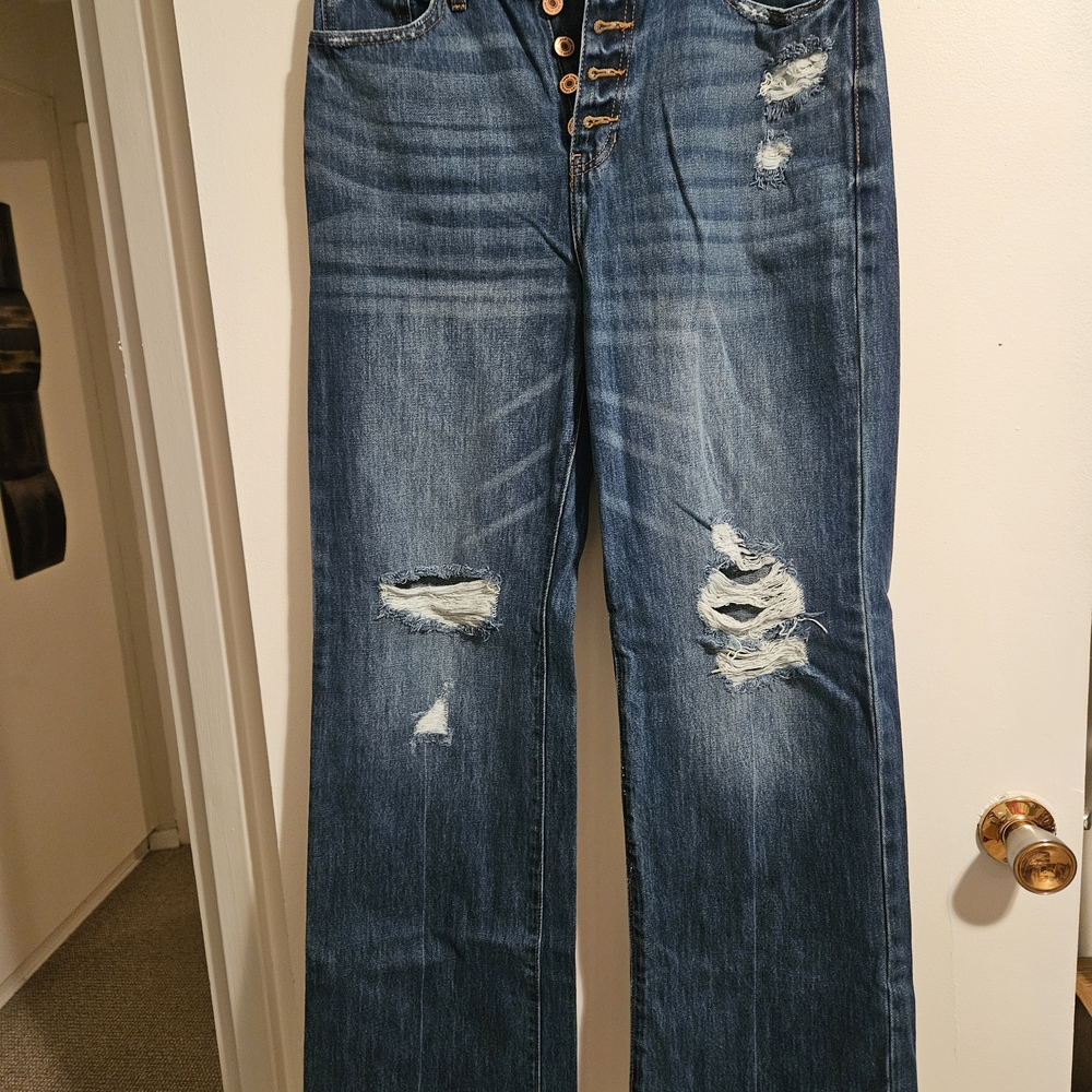 KanCan Distressed High-Rise Wide Leg Jeans - Medium Blue